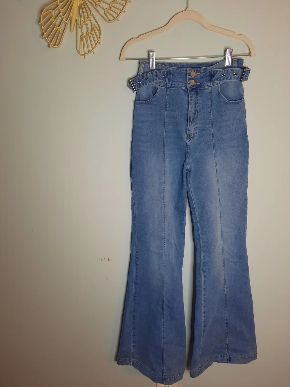 Jealous Tomato Sz Small, High-Waist Blue Flare Jeans, Side Belt, Hippy, Boho - Picture 2 of 7